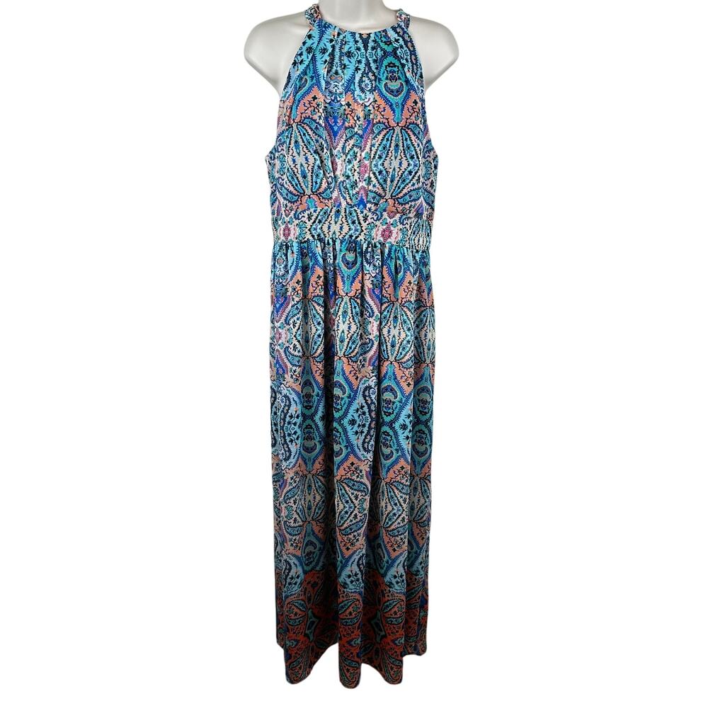Eliza J Maxi Dress Pleated Sleeveless Chiffon Halter Floral Fairy Garden Blue 10